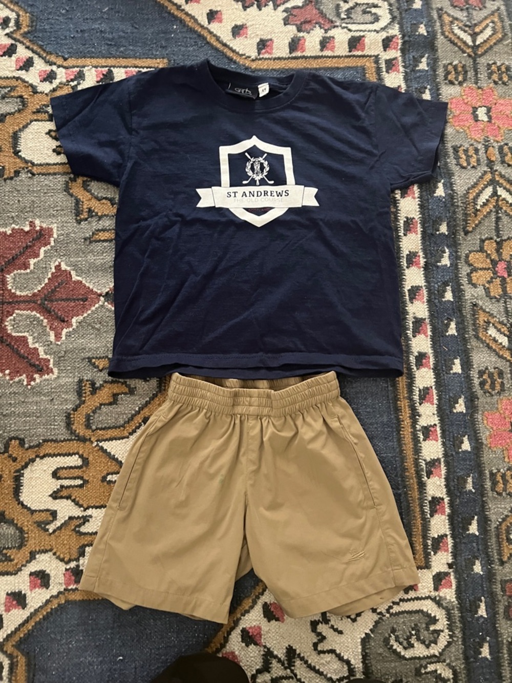 Southbound 4T tan shorts and garb golf tee St. Andrews Navy Logo Tee set